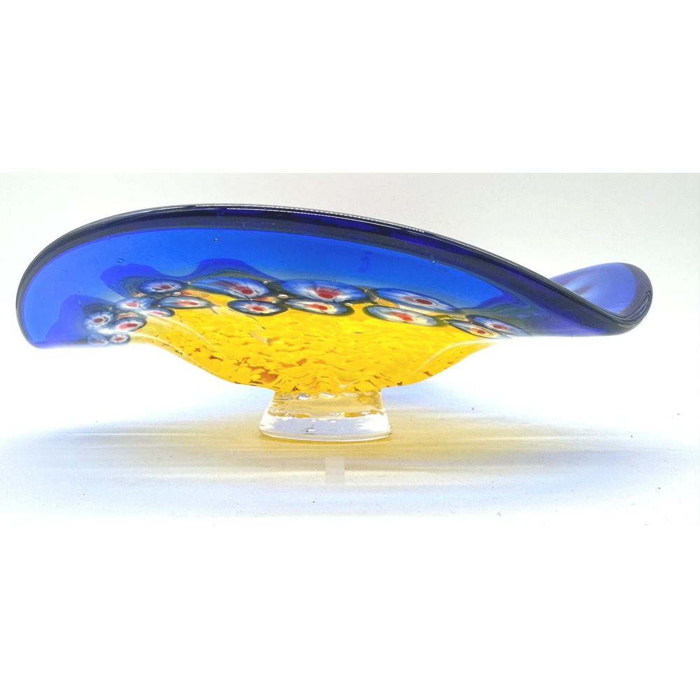 Murano Style Art Glass Footed Bowl 12" Blue Yellow Millefiori Hand Blown Vintage